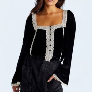 New Free People Black Velvet Twyla Lace-Trim XS Pink Roses Peasant Relaxed Top